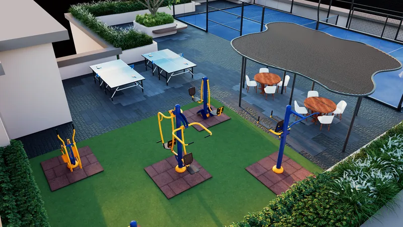 Rooftop pickle ball court and outdoor gym — artistic impression